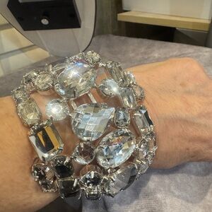 Kenneth Jay Lane Massive Wide Rhinestone Elegant Silver Crystal  Hinged Bracelet